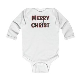 Infant Long Sleeve Bodysuit, Merry With Christ, Red And Green Plaid Christmas Holiday Pattern Print