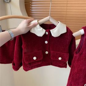 New Year Girl's Bright Silk Bow Fleece-lined Suspender Skirt Keep Baby Warm Coat Casual Fashion Red Skirt Fashion (Option: H333 Coat-90cm)