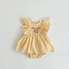 Baby Girl Embroidered Flying Sleeve Lace Jumpsuit (Option: Yellow-66cm)