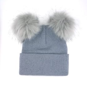 New Warm Knitted 0-3Y Baby's Hat Cute Double Fur Pompon Beanies Thick Double Layer Cap Faux Pompom Hat (Color: Gray, size: 0 3Y)