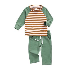 Baby Striped Pattern Contrast Design Hoodies Combo Solid Pants Sets (Color: green, Size/Age: 90 (12-24M))