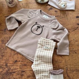 Baby Cute Bear Pattern Shirt Combo Plaid Pattern Pants Sets Home Clothes (Color: Brown, Size/Age: 90 (12-24M))
