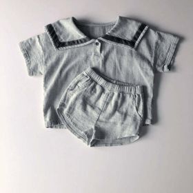 Baby Girl 1pc Contrast Tape Lapel Tops & Shorts Navy Style College Sets (Color: Grey, Size/Age: 80 (9-12M))