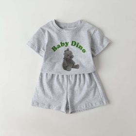 Baby Cartoon Animal & Slogan Pattern Short Sleeved Tee Combo Solid Shorts Sets (Color: Grey, Size/Age: 73 (6-9M))