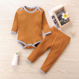 Baby Ribbed Knitted Pattern Solid Color Onesies Combo Trousers Sets Pajamas (Color: Brown, Size/Age: 73 (6-9M))