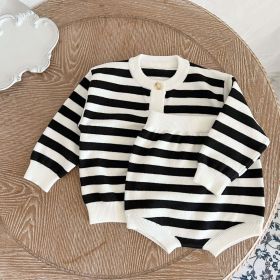 Baby Striped Pattern Simple Style Knit Cardigan With Triangle Short Sets (Color: Black, Size/Age: 80 (9-12M))