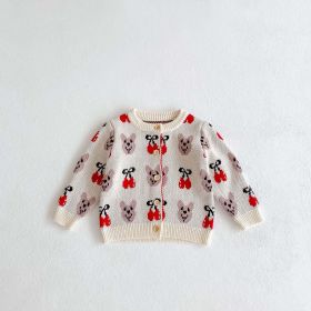 Baby Girl 1pcs Allover Cartoon Bear & Cherry Embroidered Graphic Bodysuit & Cardigan Knitted Sets (Color: Red, Size/Age: 66 (3-6M))