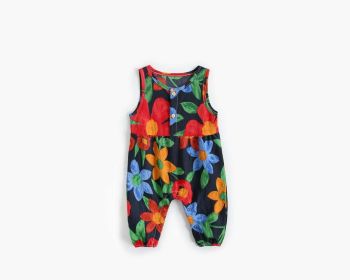 Baby Girl Floral Print Pattern Buttoned Design Sleeveless Rompers (Color: Black, Size/Age: 90 (12-24M))