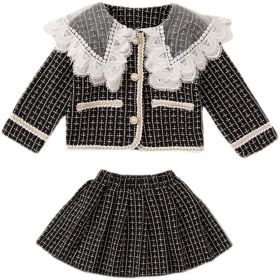 Baby Girl Plaid Pattern Mesh Patchwork Design Lapel Cardigan Combo Pleated Skirt Chanel's Style Sets (Color: Black, Size/Age: 100 (2-3Y))