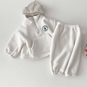 Baby Solid Color Stand Collar Autumn Winter Thermal Hoodies Sets (Color: White, Size/Age: 80 (9-12M))