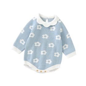 Baby Girl Floral Pattern Big Ruffle Collar Knit Cute Onesies (Color: Blue, Size/Age: 80 (9-12M))