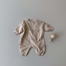Baby Solid Color Big Pocket Thickened Winter Romper (Color: Brown, Size/Age: 66 (3-6M))