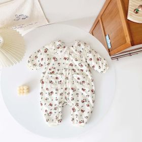 Baby Girl Floral Pattern Mesh Patched Design Doll Neck Jumpsuit (Color: White, Size/Age: 73 (6-9M))