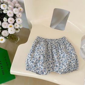 Baby Solid Color Puff Sleeve Blouses Combo Shorts Sets (Color: Blue, Size/Age: 90 (12-24M))