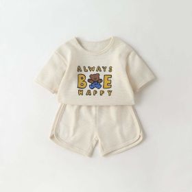 Baby Cartoon Bear & Slogan Pattern Waffle Fabric Tops Combo Solid Shorts 1-Piece Sets (Color: Beige, Size/Age: 80 (9-12M))