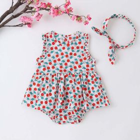 Baby Girl Cherry Print Sleeveless Onesies With Headband (Color: Red, Size/Age: 80 (9-12M))