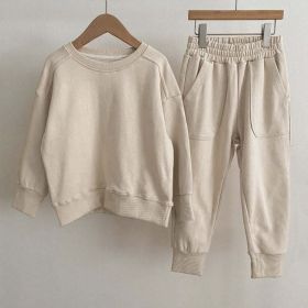 Baby Boy And Girl Solid Color Pullover Hoodies Combo Pants Pieces Sets (Color: Apricot, Size/Age: 100 (2-3Y))