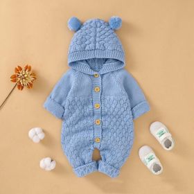 Baby 1pcs Cable Knitted Graphic Button Front Design Rompers With Hairball Patched Hat (Color: Light Blue, Size/Age: 66 (3-6M))