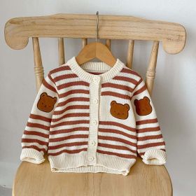 Baby Striped Pattern Cartoon Bear Patched Design Onesies With Cardigan (Color: Brown, Size/Age: 66 (3-6M))