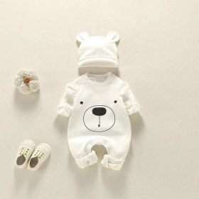 Baby Girl Bear Print Pattern Solid Color Long-Sleeved Rompers With Hat In Spring & Autumn (Color: White, Size/Age: 90 (12-24M))