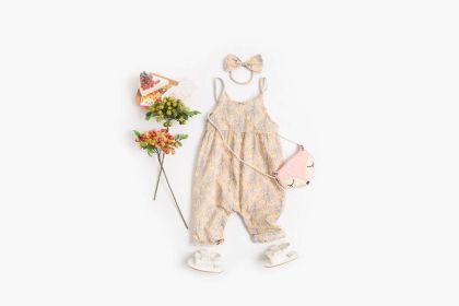 Baby Girl Floral Print Pattern Backless Design Sleeveless Rompers With Handband (Color: pink, Size/Age: 100 (2-3Y))