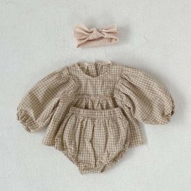 Baby Girl Plaid Pattern Loose Blouses WIth Shorts Headband 3 Pieces Sets (Color: Apricot, Size/Age: 73 (6-9M))