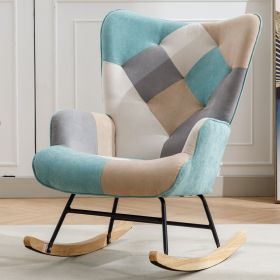 36.6 Inch Soft Seating Patchwork Accent Rocking Chair With Solid Wood Armrest And Feet (Color: green)