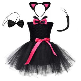 Children's Halloween Solid Color Cat Costume Mesh Tutu Dress & 1-Piece Jewelry Sets (Color: pink, Size/Age: Kids L (120-130))